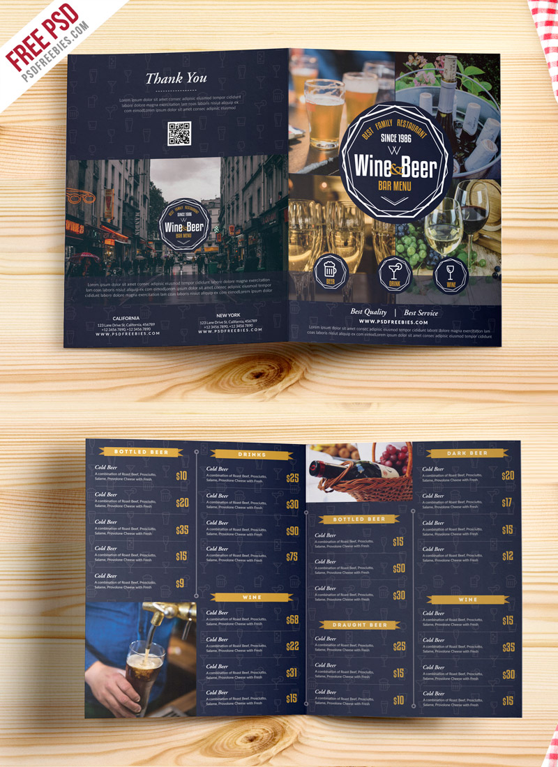 Beer and Wine Menu Bi-Fold Brochure PSD Free Download
