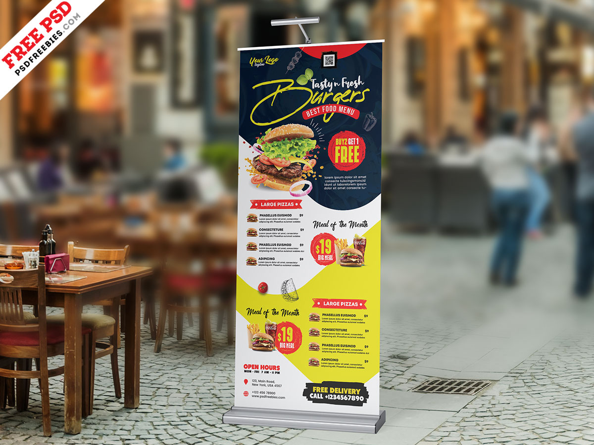 Creative Restaurant Shop Roll-Up Banner PSD Free Download