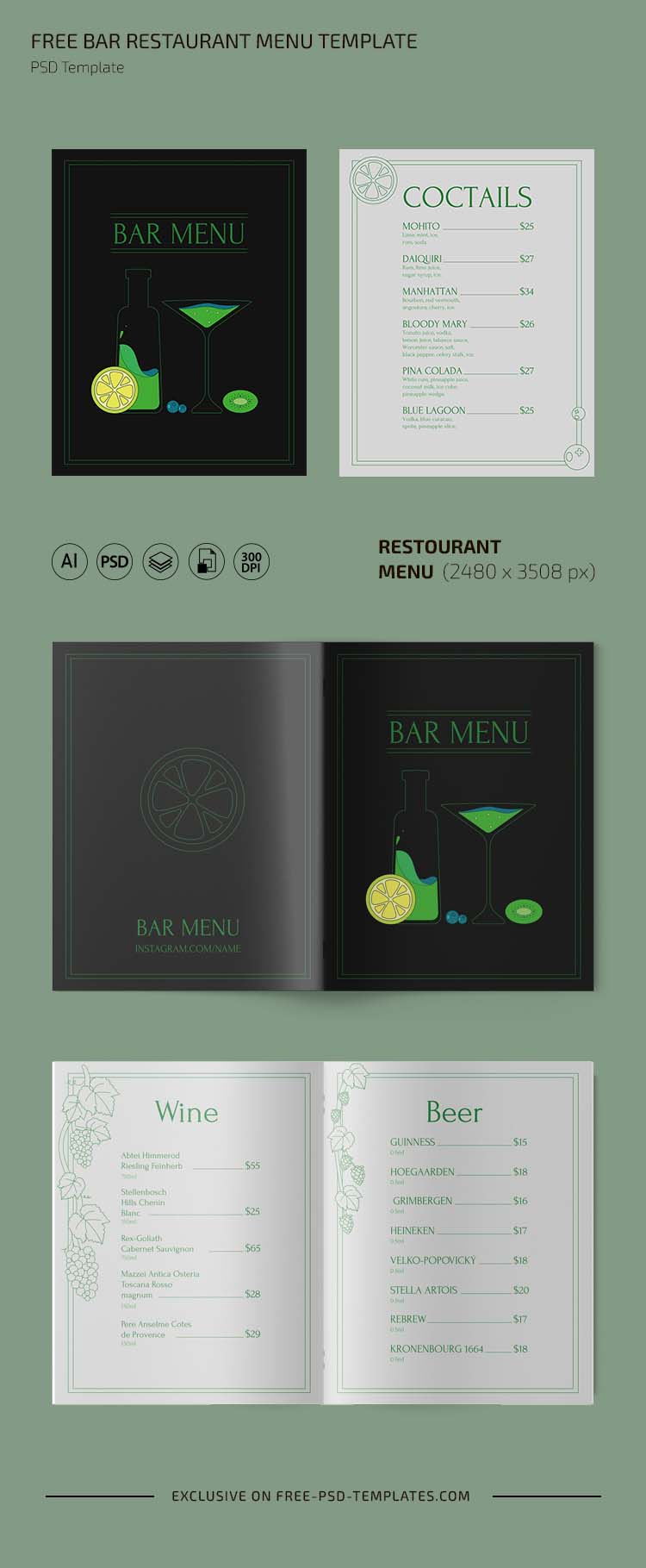 Bar Restaurant Menu Design PSD Free Download