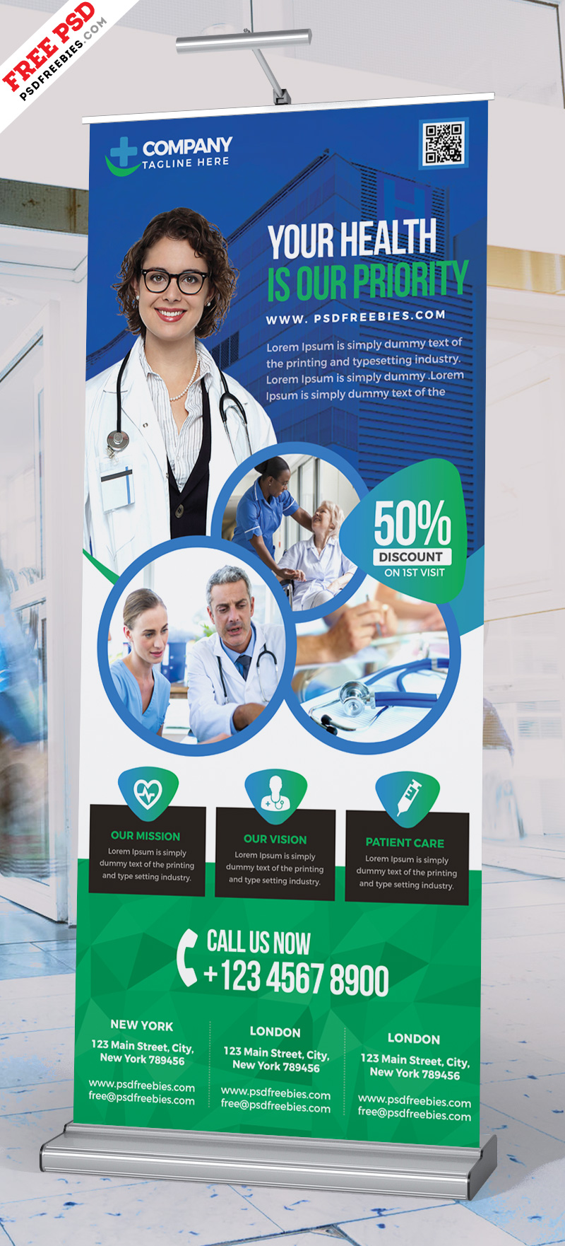 Hospital and Pharmacy Roll-up Banner PSD Free Download