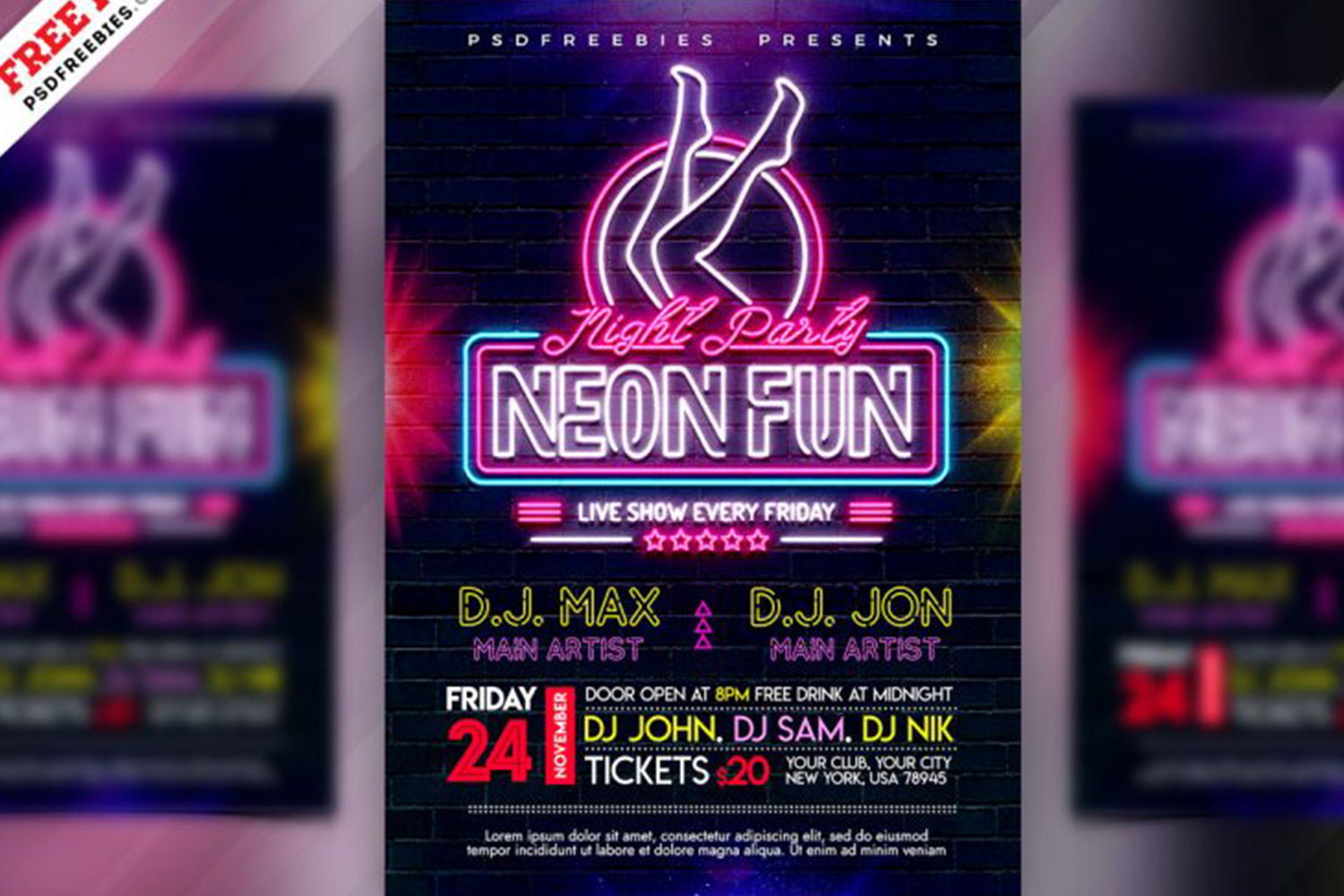 Neon Night Party Flyer Design PSD Free Download