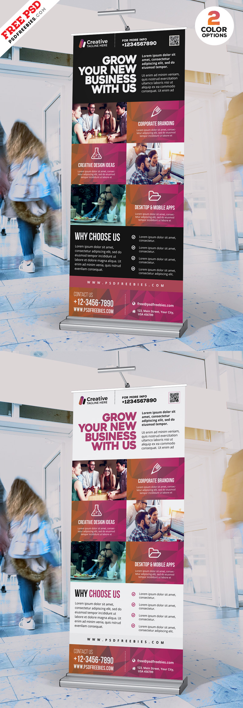 Rollup Banner Mockup set to showcase your Rollup Banner design in a photorealistic style. Simple edit with smart layers. Free for personal and commercial use. Enjoy!