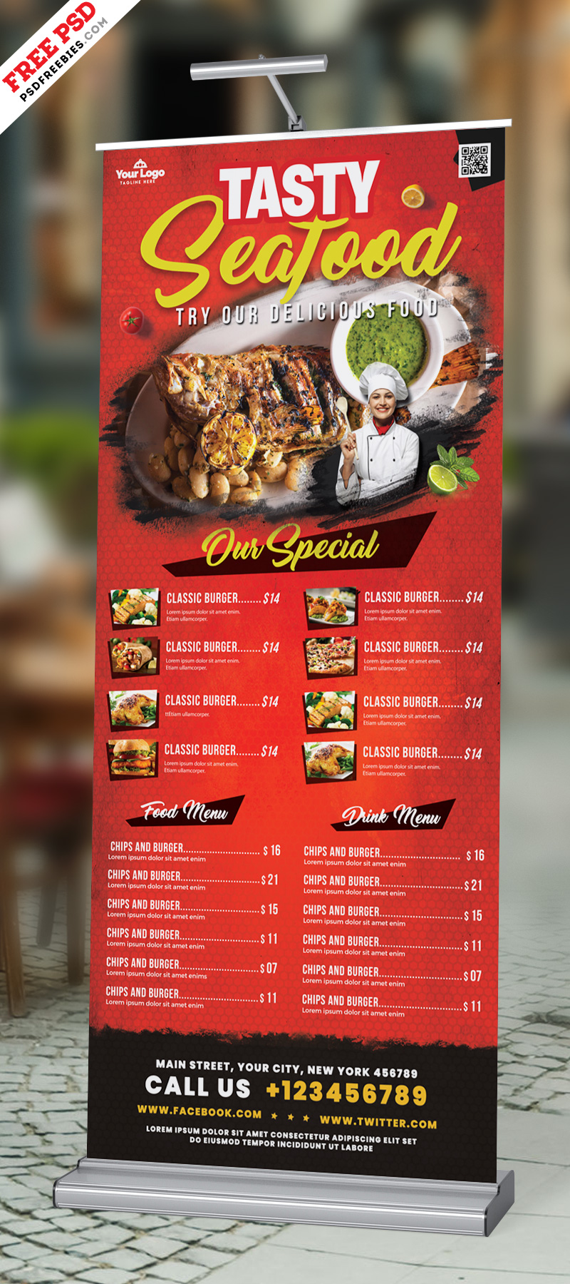 Outdoor Restaurant Food Menu Roll-up Banner PSD Free Download