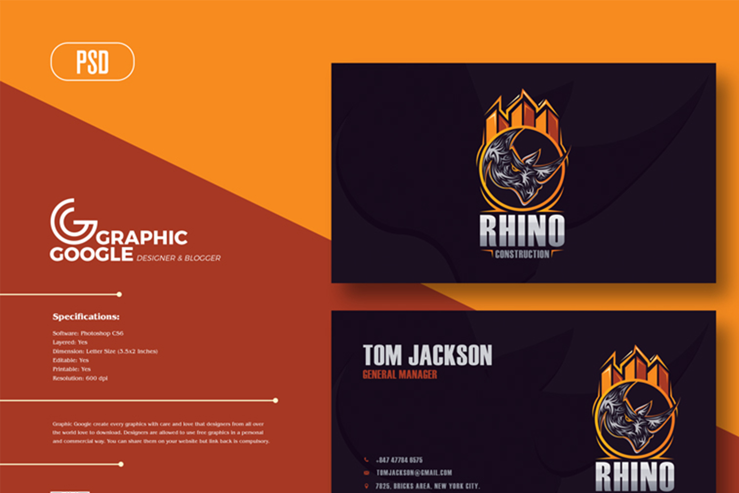 Rhino Construction Business Card Design Template 2021 Free Download