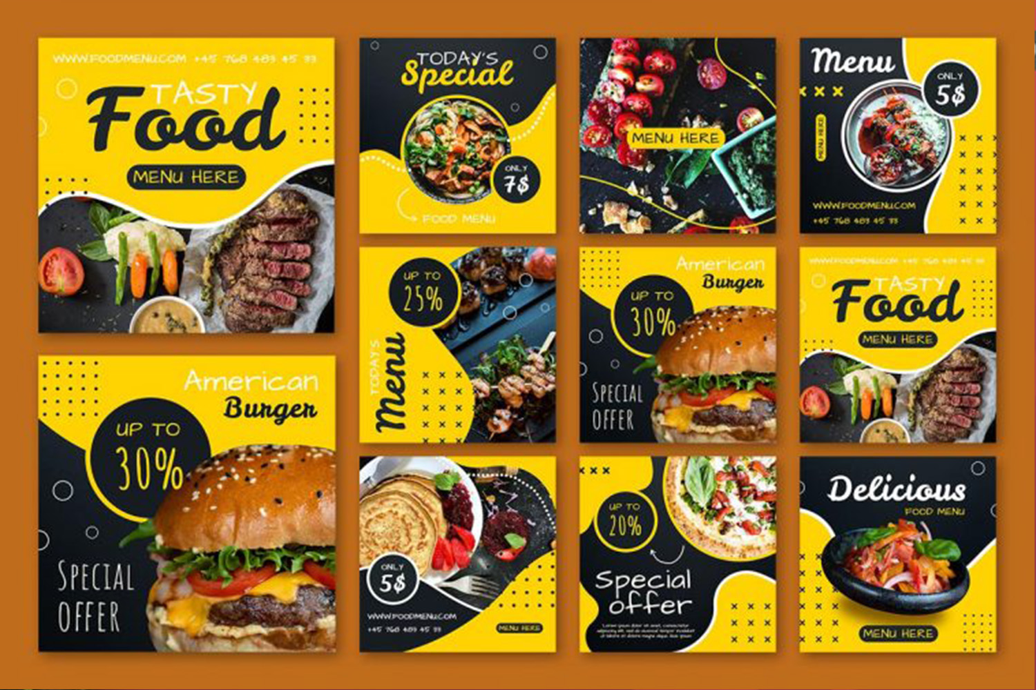 9 Food Menu Instagram Posts Set Templates Vector PSD
