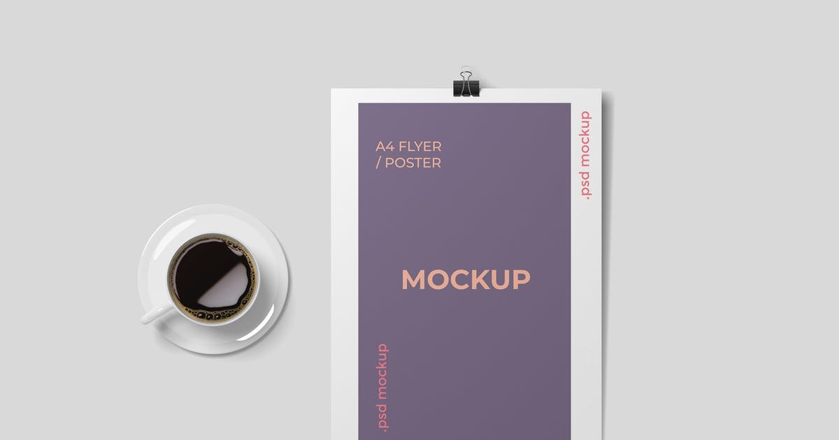 A cup of coffee and A4 Flyer Mockups Free Download