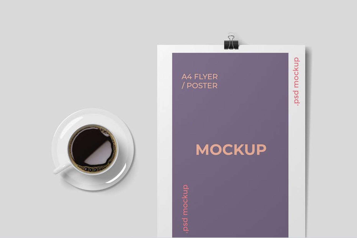 A cup of coffee and A4 Flyer Mockups Free Download