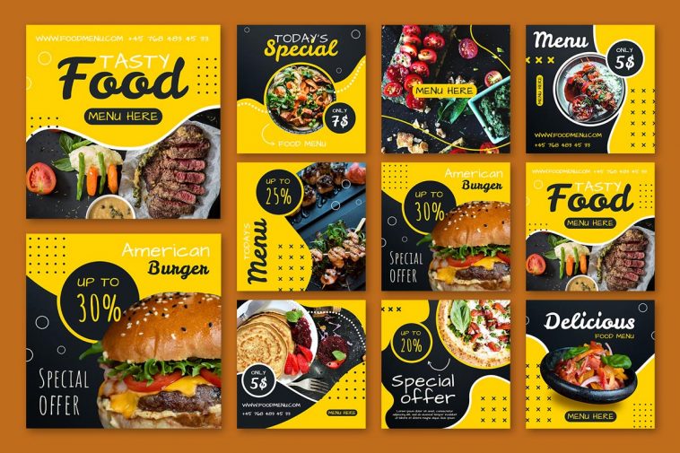 9 Food Menu Instagram Posts Set Templates Vector + PSD Free Download