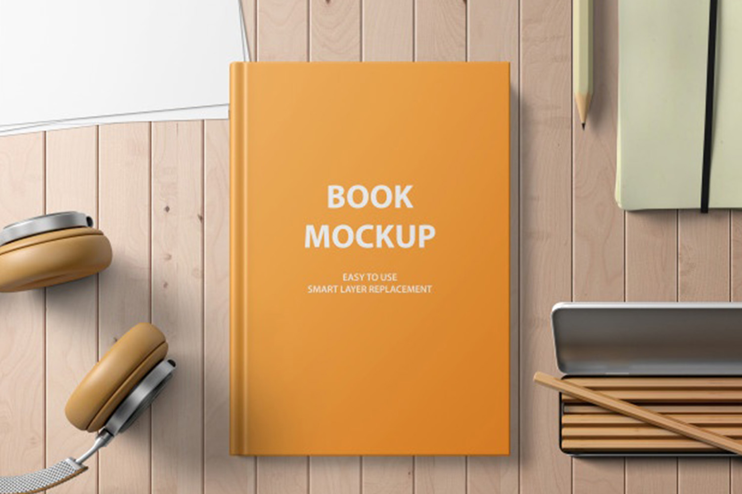 Hard Cover Book With Headphones And Pencils Mockup Free Download